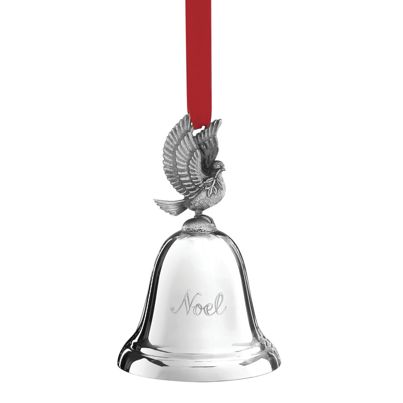 Silver Noel bell ornament with angel topper and hanging red ribbon