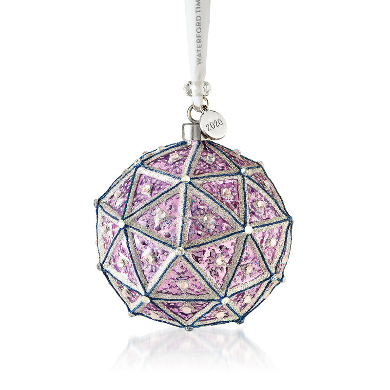 Purple faceted crystal ball ornament with silver cap and 2023 year medallion