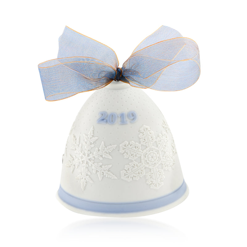 Lladro porcelain bell ornament with white bell, blue ribbon bow, 2019 and snowflake motif