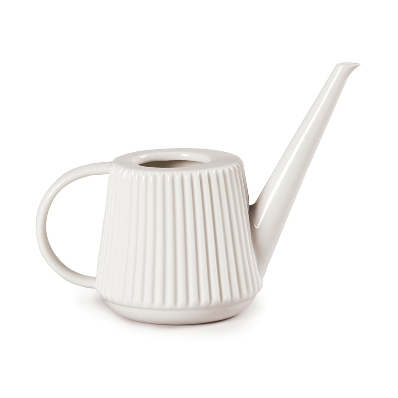 Lladro porcelain watering can, white ribbed body with curved handle and long spout