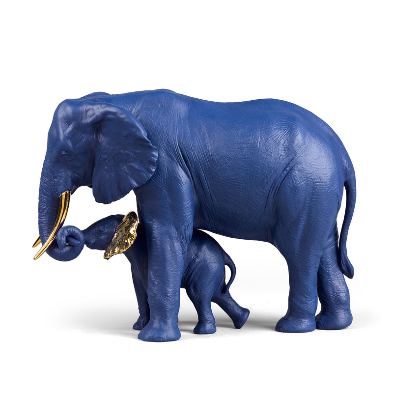 Lladro blue porcelain elephant figurine with gold trunk accents and calf