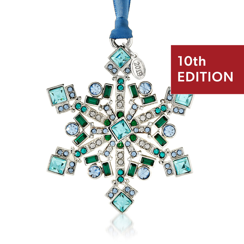 Silver-tone snowflake ornament with teal and blue crystals, 10th edition