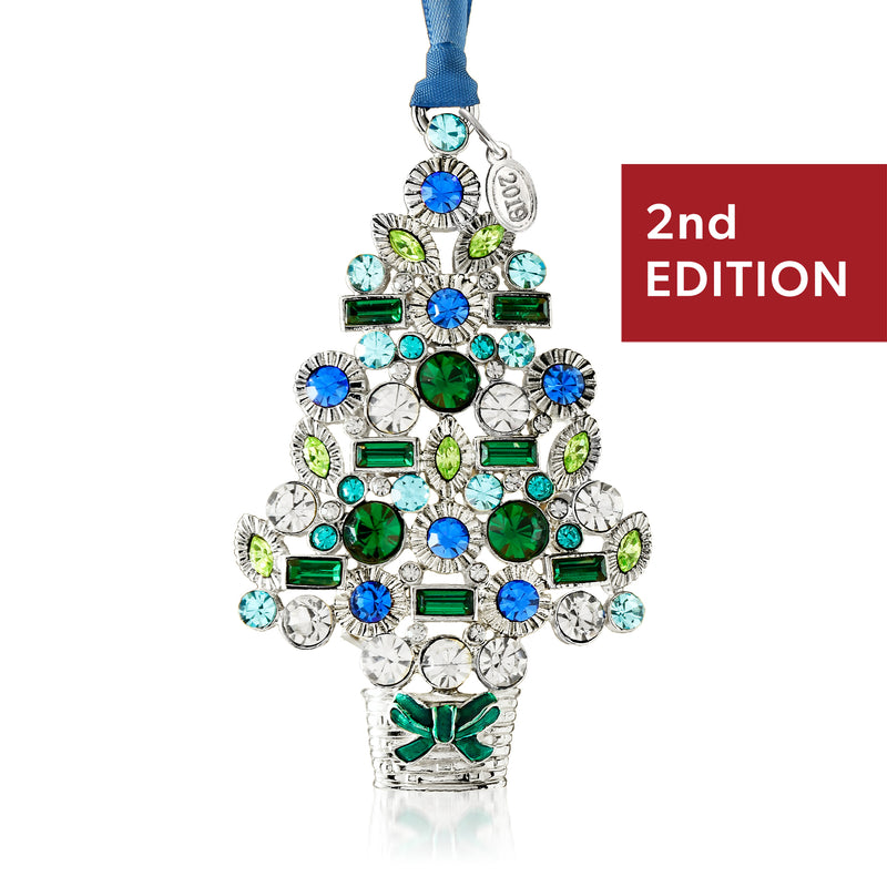 Silverplate crystal Christmas tree ornament with multicolored stones and ribbon bow