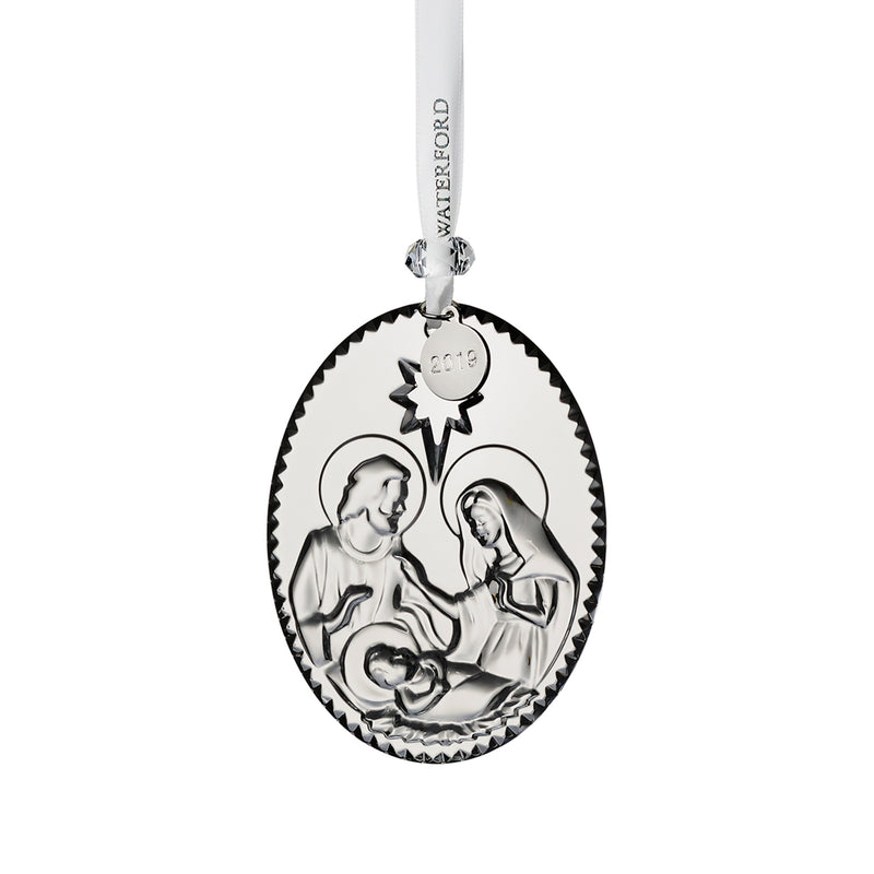 Waterford Crystal nativity ornament with oval cameo of Mary, Joseph, and baby