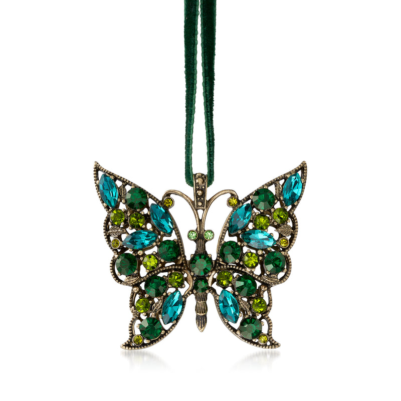 Joanna Buchanan green crystal butterfly ornament with blue accents and dangling loop