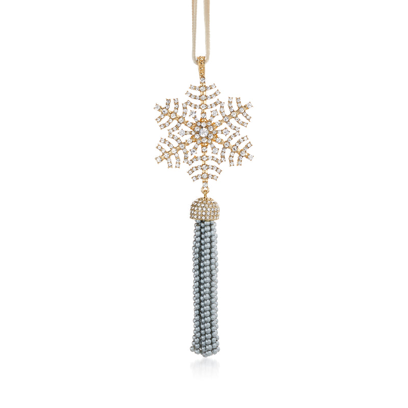 Snowflake tassel ornament with rhinestone details and bead fringe