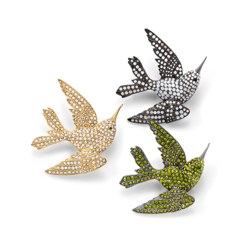 Joanna Buchanan crystal bird hair clip set (3): gold, black, green jeweled.