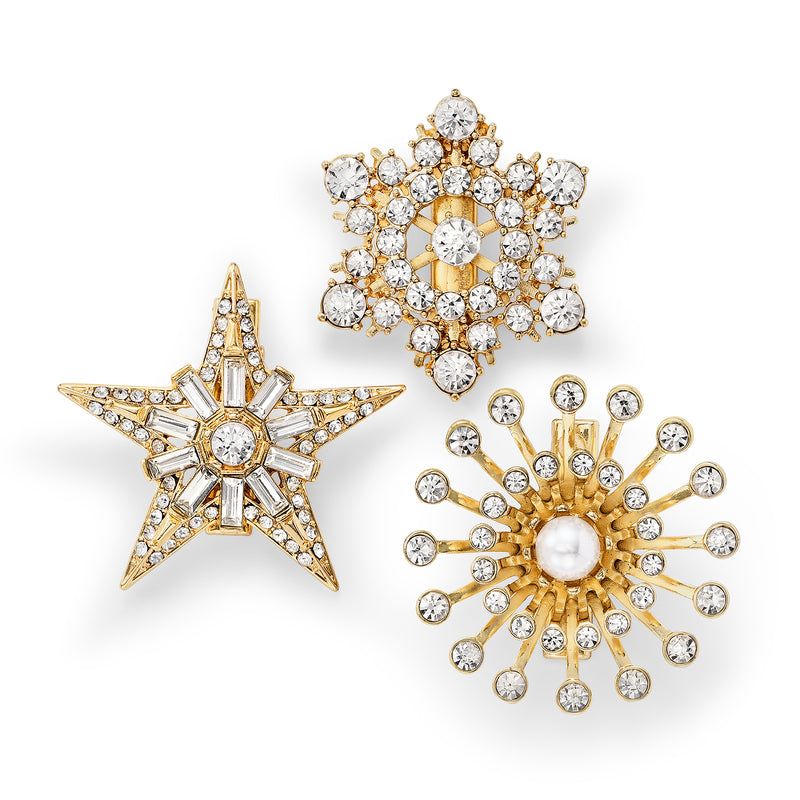 Set of 3 crystal star hair clips, gold-tone with clear rhinestone stars