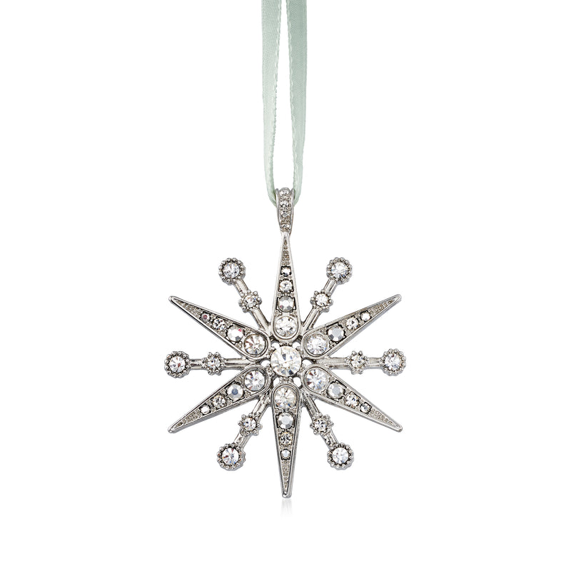 Crystal snowflake ornament with dangling ribbon loop, silver tone and rhinestones