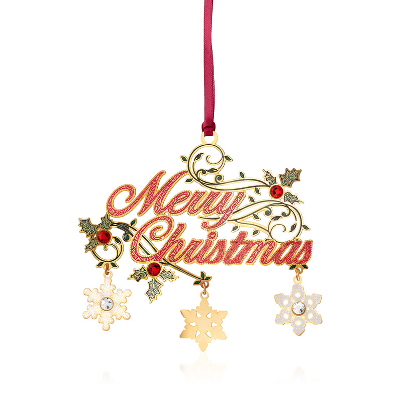 Gold and red “Merry Christmas” crystal ornament with stars and snowflakes, hanging