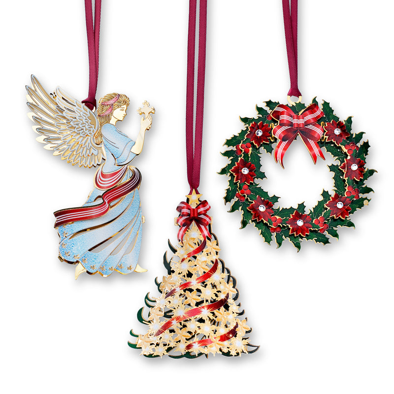 Set of 3 Christmas ornaments: angel, hanging bell, and green wreath with bow