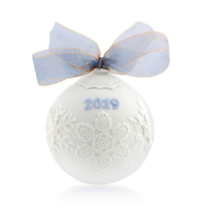 Lladro porcelain ball ornament with blue ribbon bow, embossed snowflakes, 2019