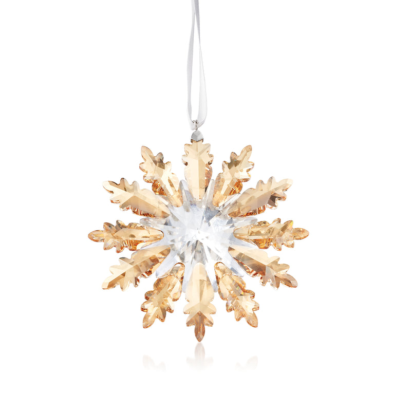 Swarovski crystal winter star ornament, clear/gold starburst with hanging ribbon