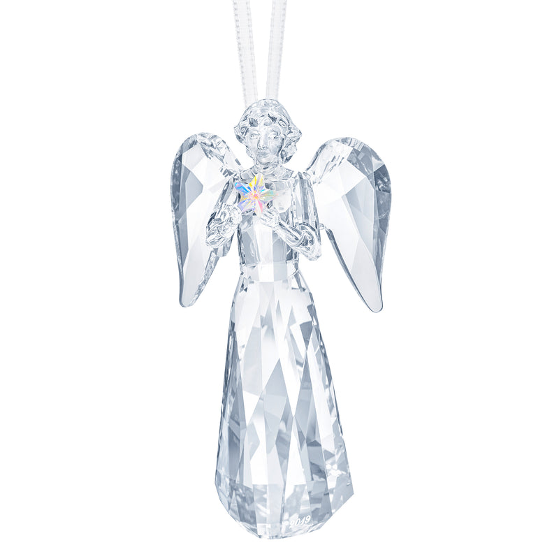 Swarovski crystal angel ornament with clear faceted wings and hanging white ribbon