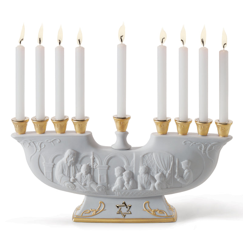 White porcelain menorah figurine with eight candle holders and gold base