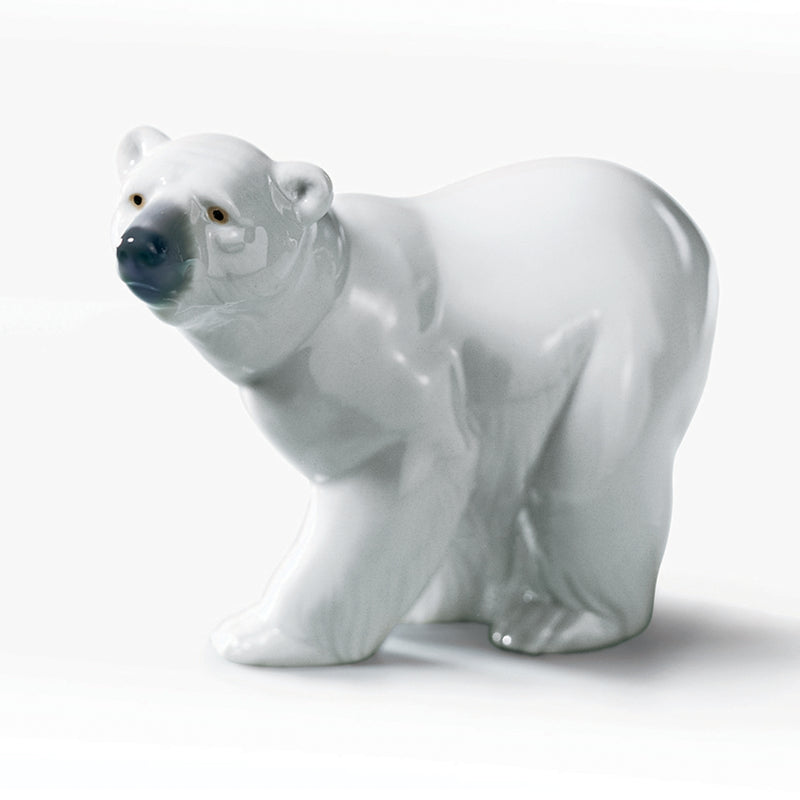 Lladro attentive polar bear porcelain figurine, standing in white with detailed face