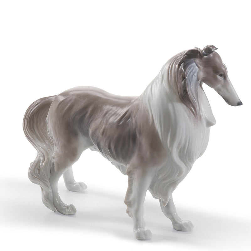 Lladro porcelain Shetland sheepdog figurine, standing, gray and white coat, side view