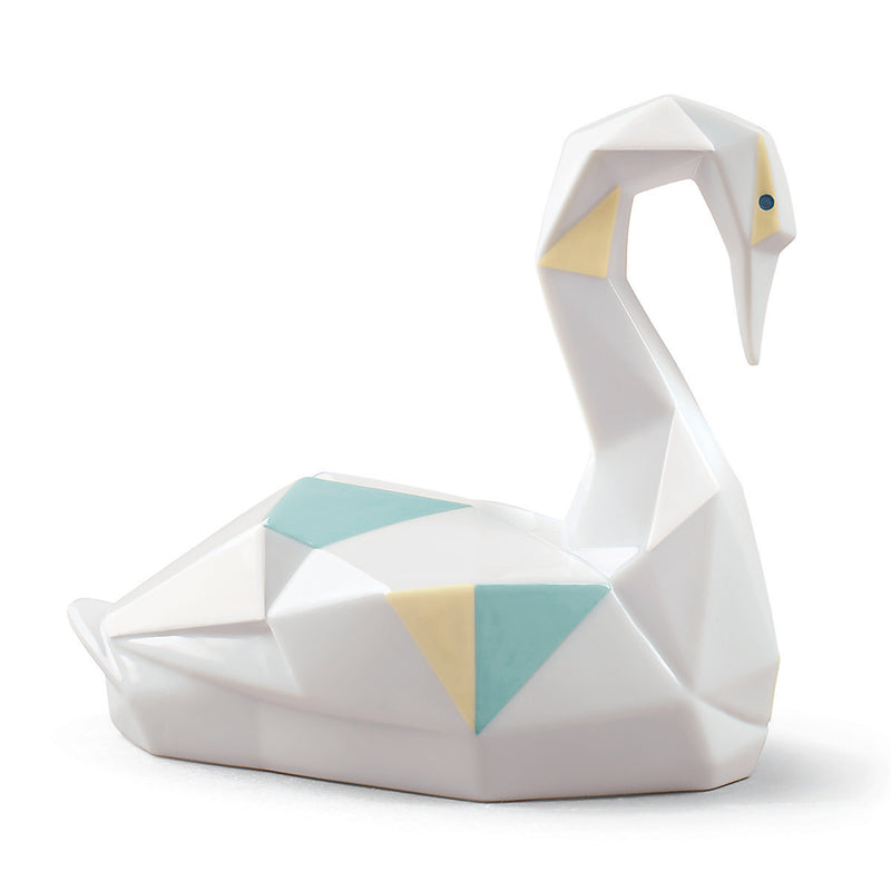 Lladro origami swan porcelain figurine, white with teal and gold geometric accents