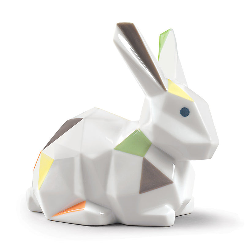 Origami rabbit porcelain figurine, white with geometric green, gray, yellow accents