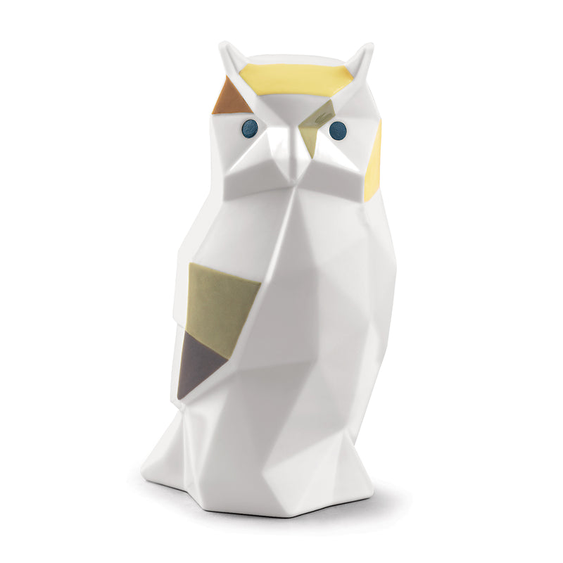 Lladro porcelain owl figurine, white with yellow accents and faceted origami design