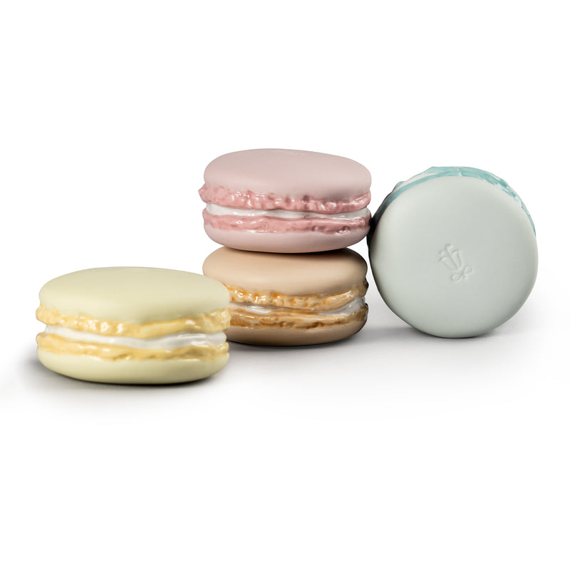 Lladro macarons porcelain figurines: pastel macarons with embossed logo on mint dome