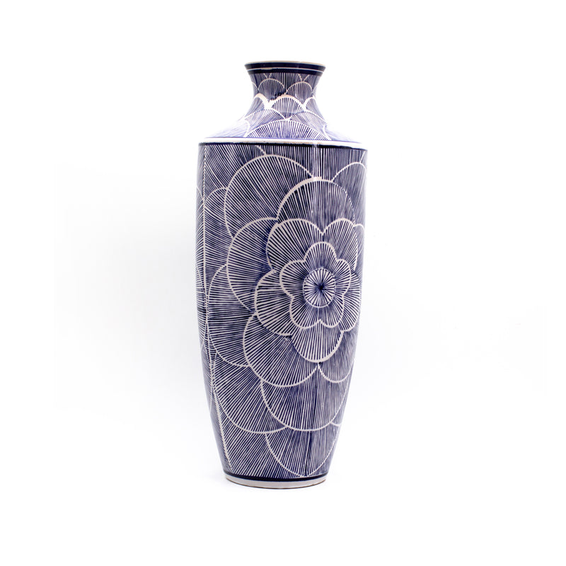 Euro Ceramica porcelain vase with blue floral petal shoulder and fluted neck