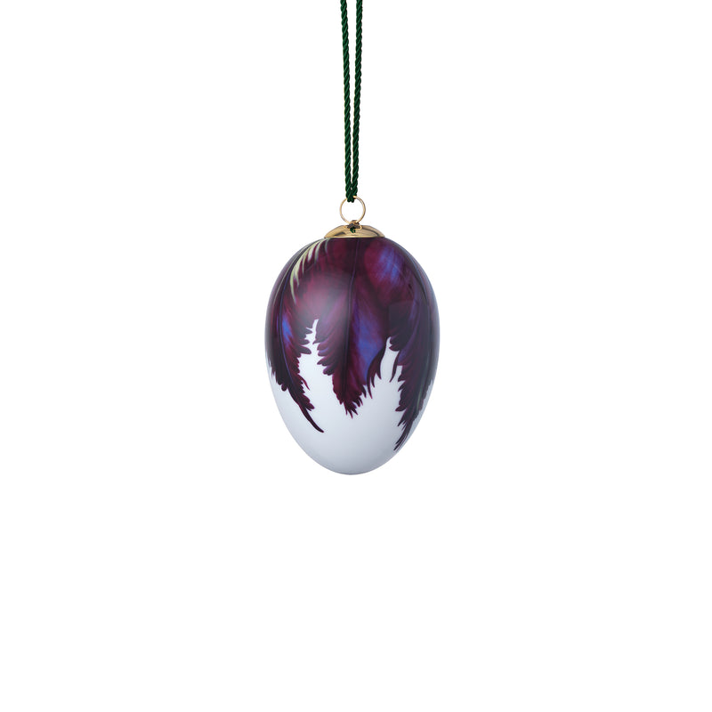 Porcelain Easter egg ornament with purple, white decorative pattern and green hanging cord