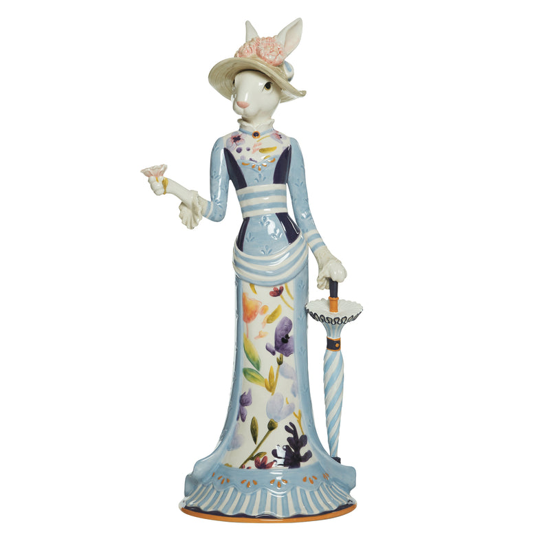 Fitz and Floyd floral splash female rabbit figurine, holding lantern and wearing hat