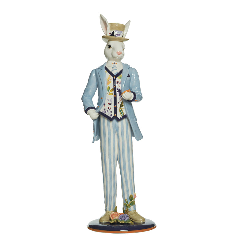 Fitz and Floyd male rabbit figurine in light blue striped suit, floral vest, hat