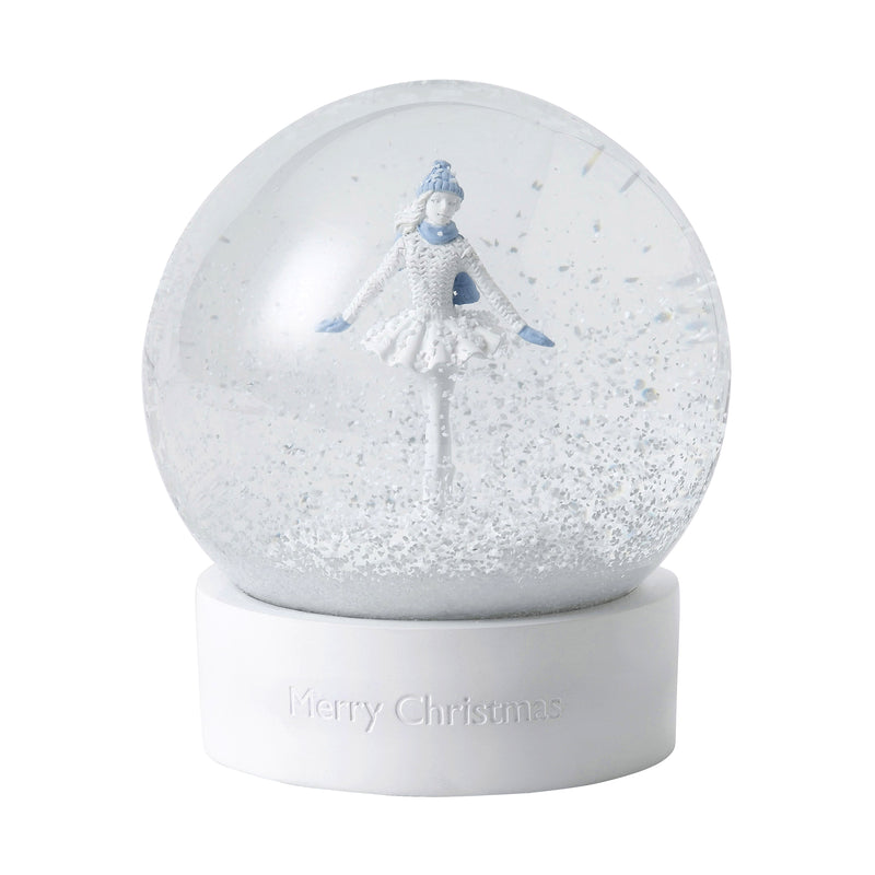 Wedgwood 2020 Holiday snow globe with blue standing ballerina in white snow, base text