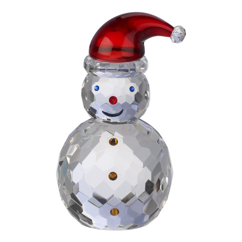 Faceted crystal snowman figurine with red hat, blue eyes, and gem details