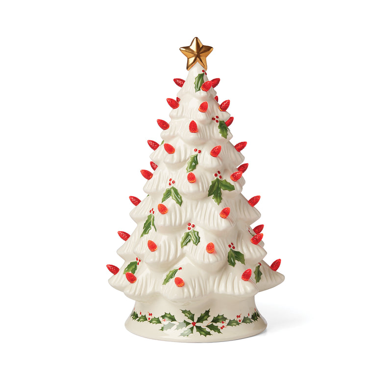 Lenox holiday tree figurine, white with red ornaments, green accents, star topper