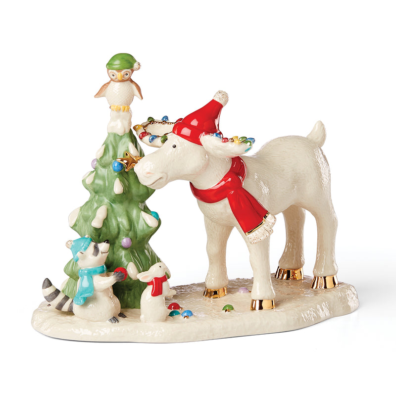 Lenox ceramic figurine with white deer, red-clad rider and forest friends by a green tree