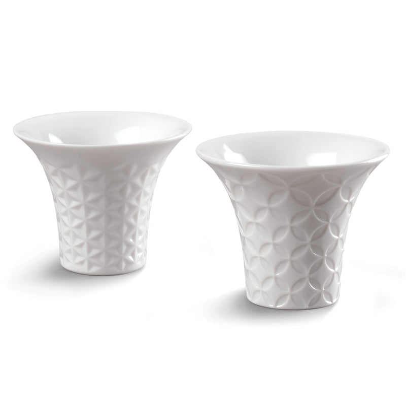 Lladro Hitoiki set of 2 white porcelain sake cups with embossed geometric pattern