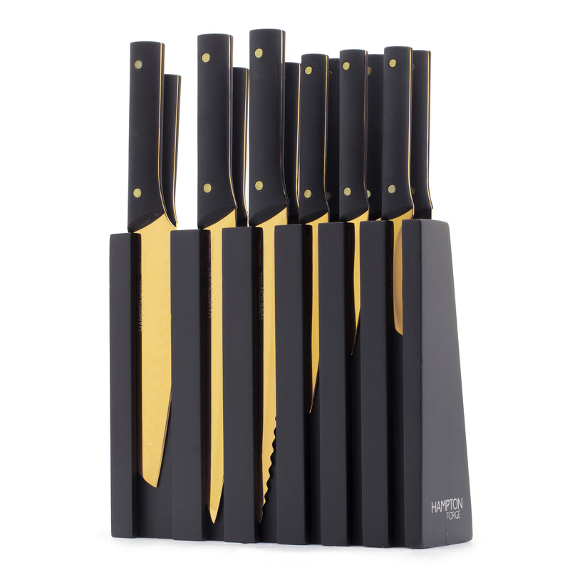 Black knife block set with multiple gold titanium-plated chef knives and handles