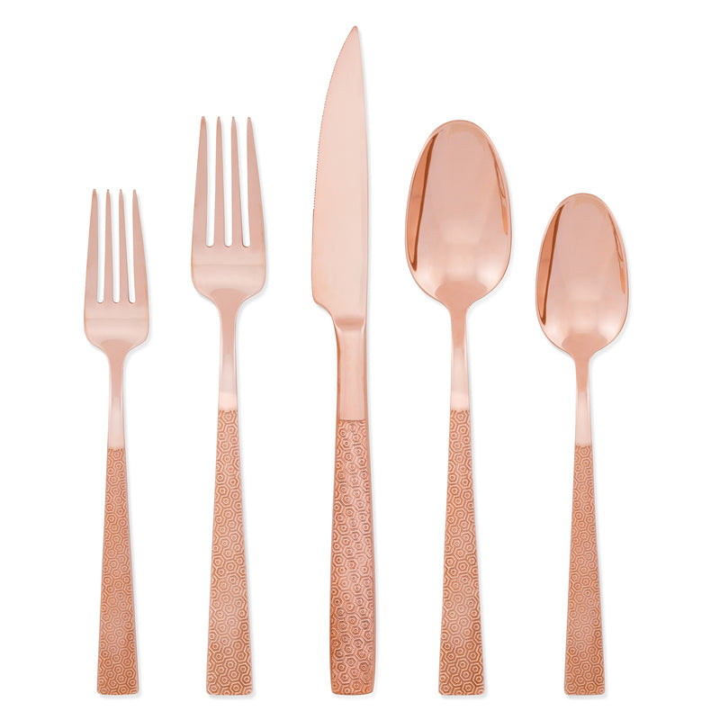 Argent Orfevres rose gold plated 5-pc stainless flatware set, patterned handles