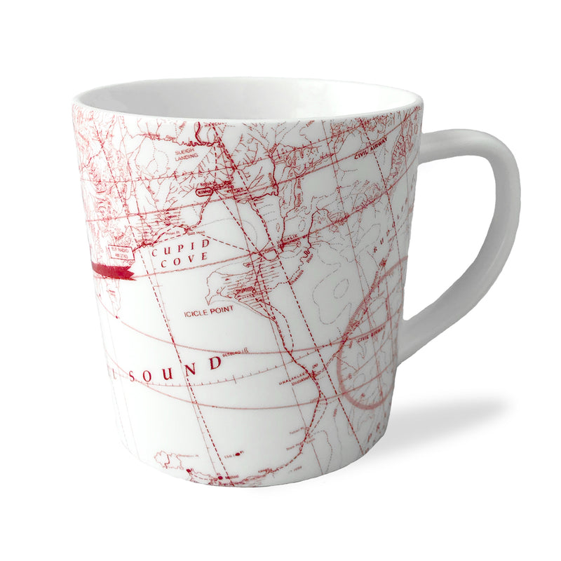 Caskata porcelain holiday mug with red and white map print, curved handle