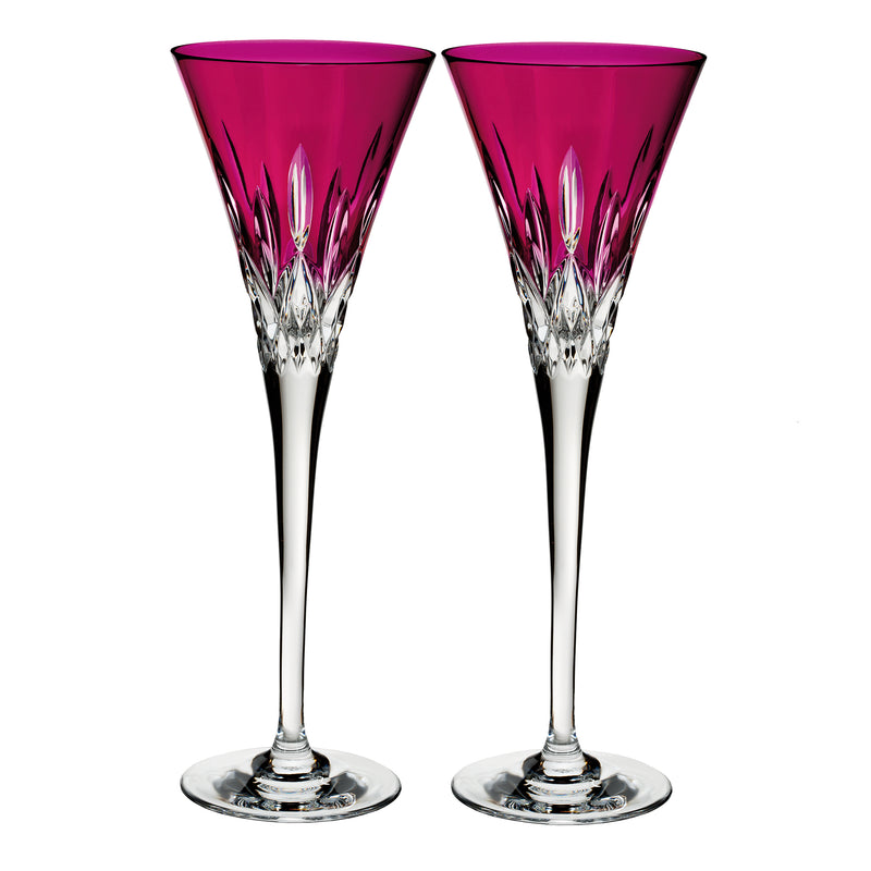 Waterford Crystal Lismore hot pink flute glasses, set of 2