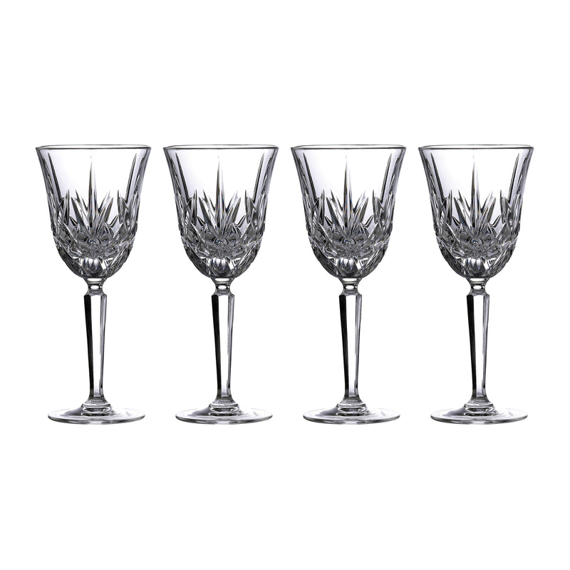 Set of 4 crystal white wine glasses, clear fluted faceted design with slender stems