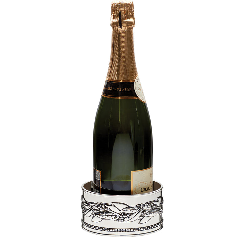Reed & Barton Snow Berry wine coaster in silver metal with leaf-and-berry design