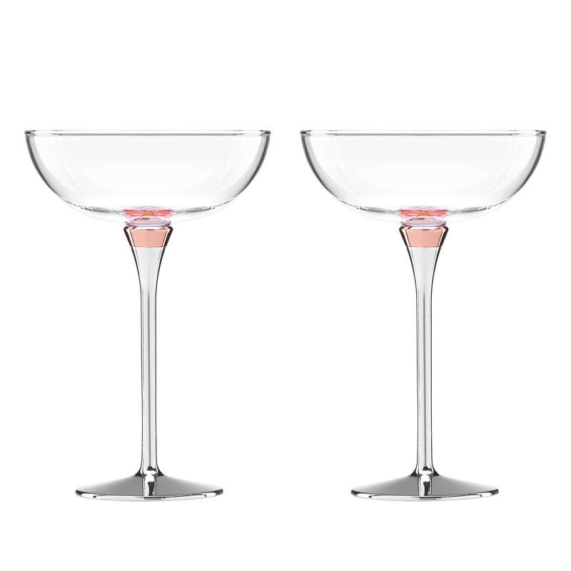 Set of 2 champagne saucer glasses with pink accent at the stem, clear glass