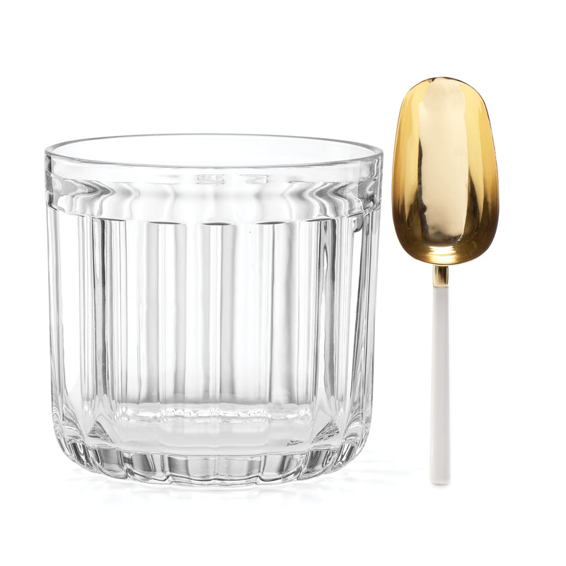 Clear glass ice bucket with ridged sides and gold-tone scoop