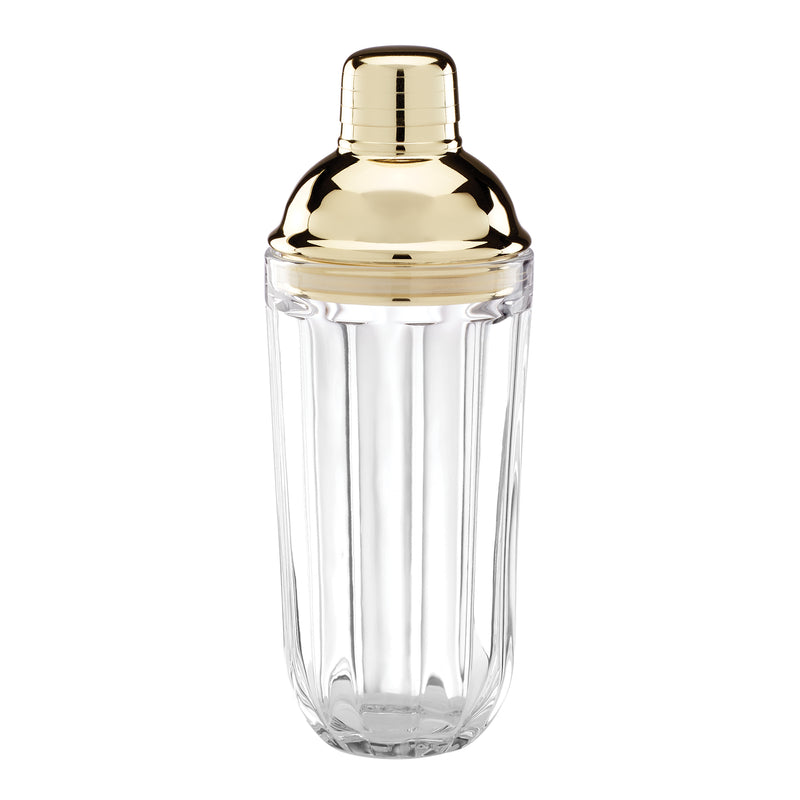 Gold top cocktail shaker with clear ribbed glass body