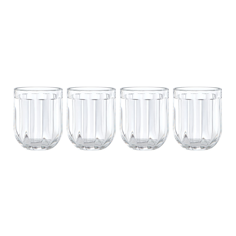 Set of four clear double old-fashioned glasses with vertical ribbed sides and thick bases