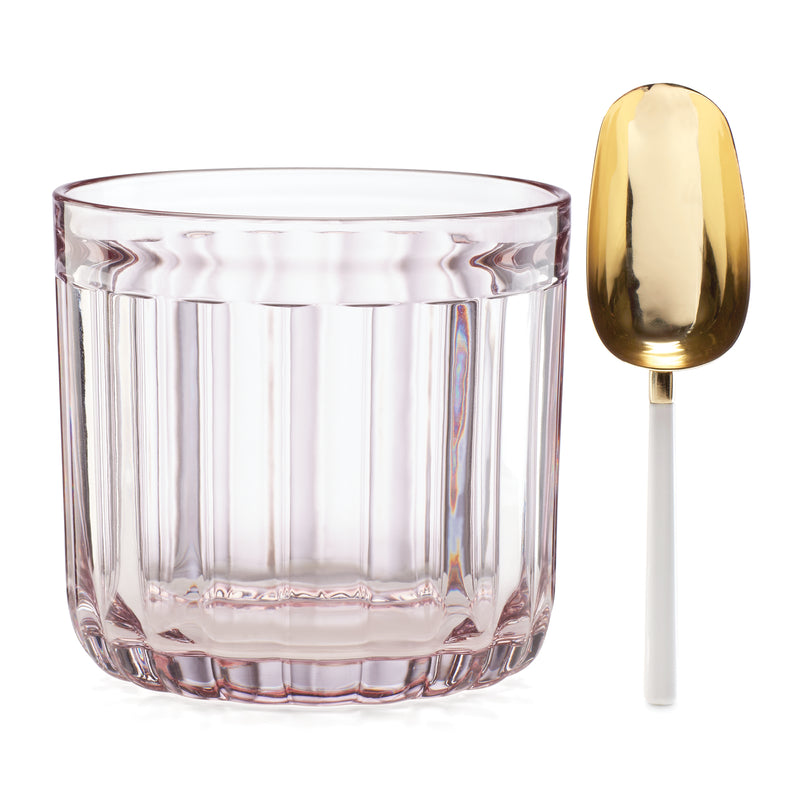 Rose ice bucket with faceted glass design and gold scoop, open-top