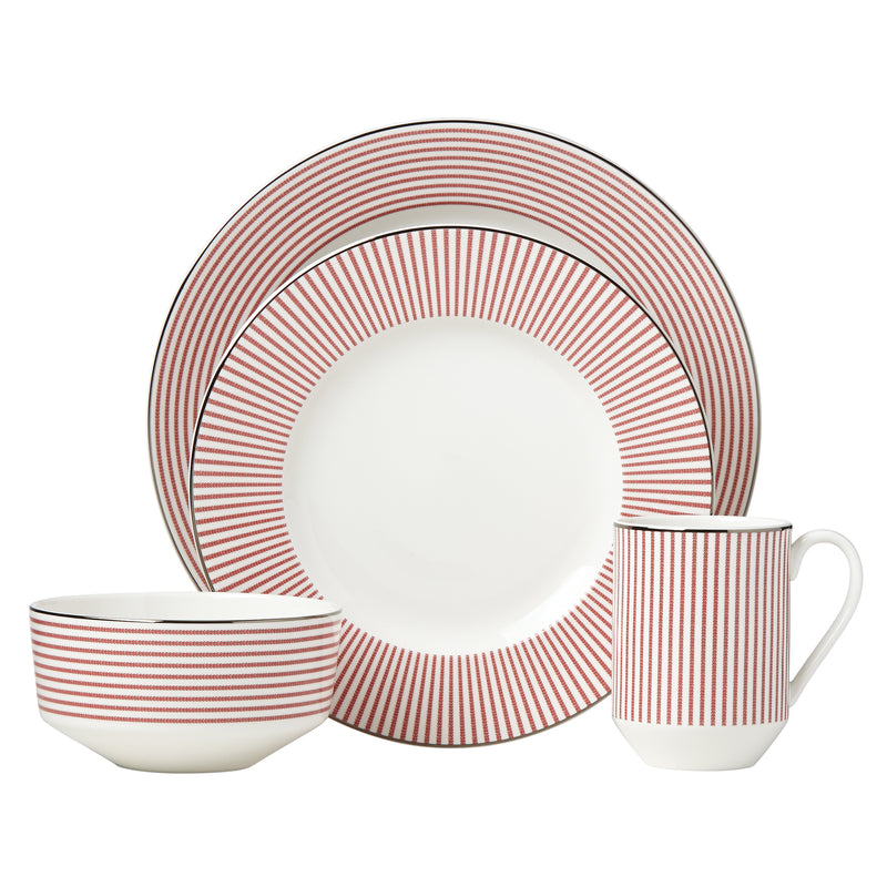 Kate Spade New York 4-piece red striped ceramic place setting with plates, bowl, mug