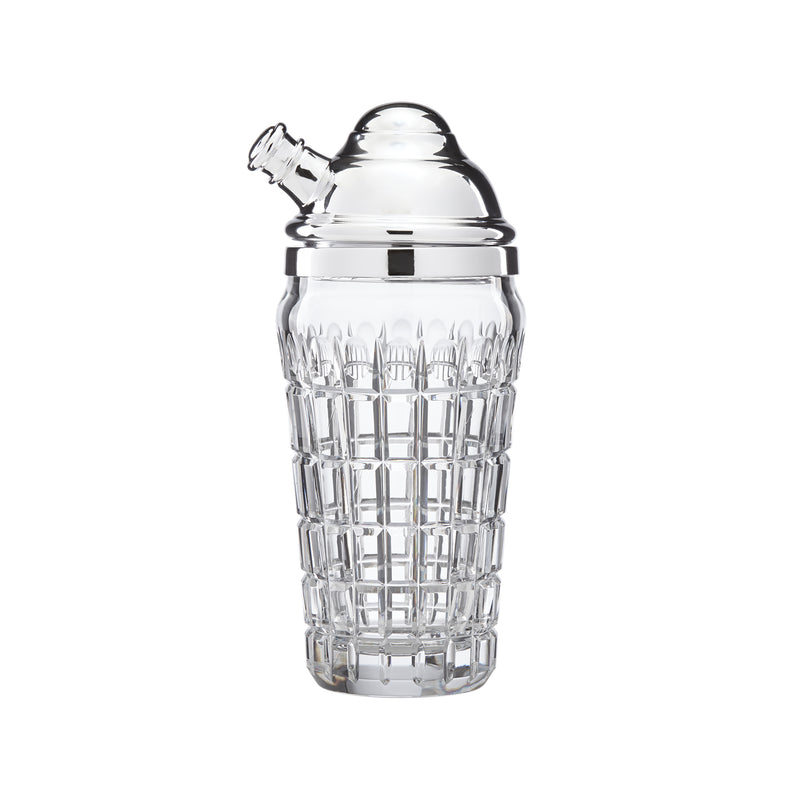 Reed & Barton Duncan cocktail shaker, faceted glass body with domed lid and metal band