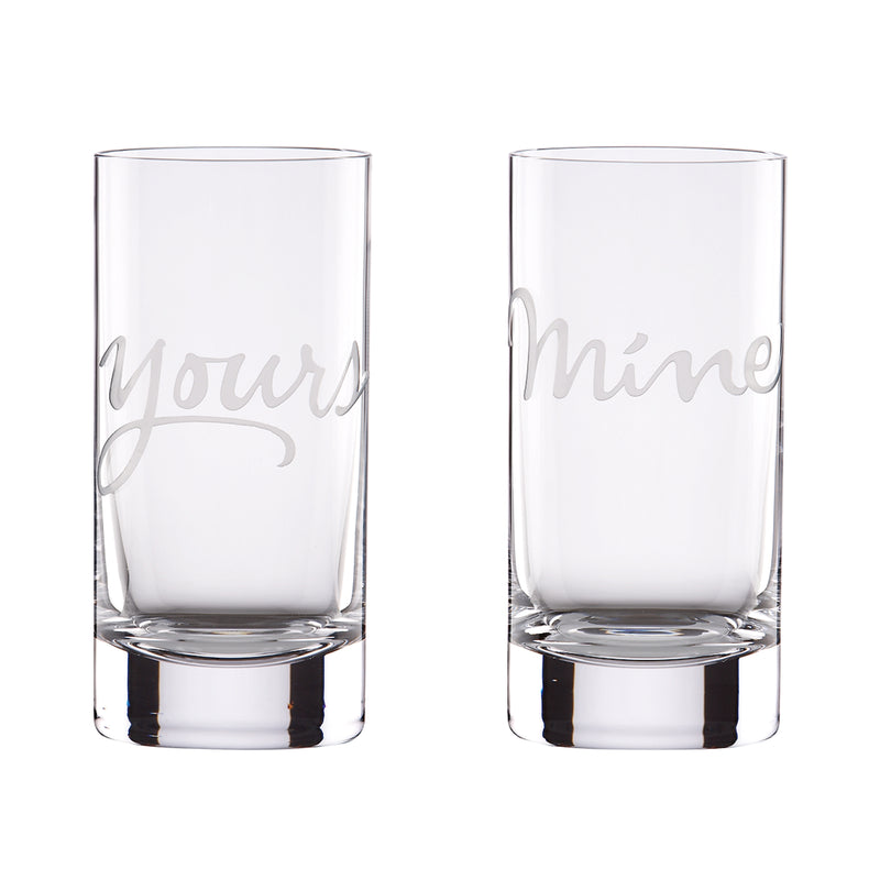 Set of 2 highball glasses with “Yours” and “Mine” etched