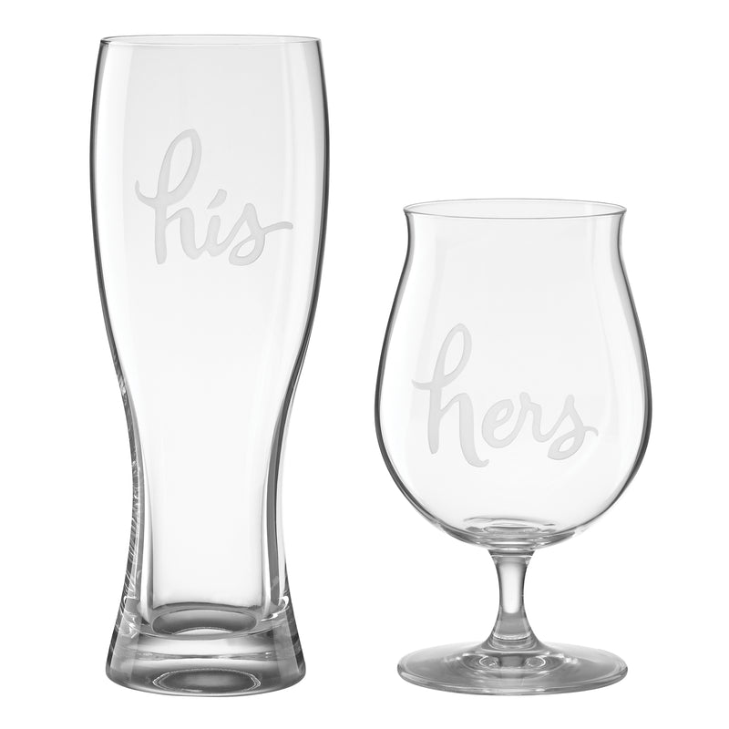 Pair of beer glasses with 'His' and 'Hers' etched on clear glass