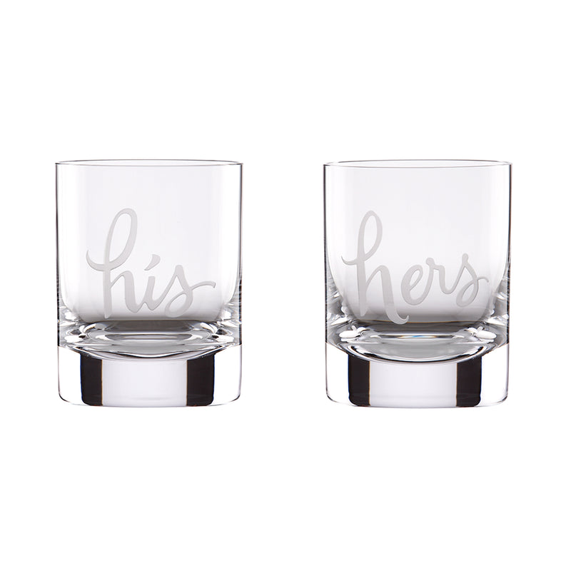 Set of 2 double old-fashioned glasses, clear glass with 'his' and 'hers' print
